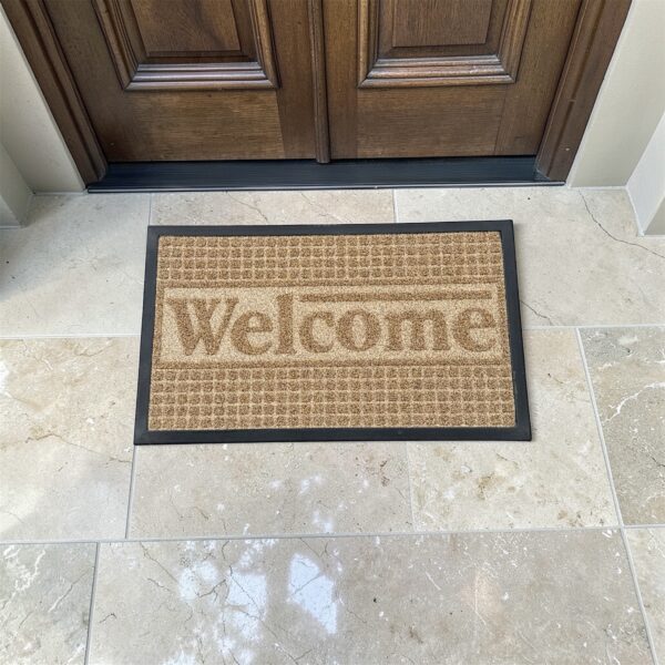 Πατάκι Πόρτας Εξωτερικού Χώρου “Welcome” με Μοτίβο Τετραγώνων – Σκούρο Μπεζ