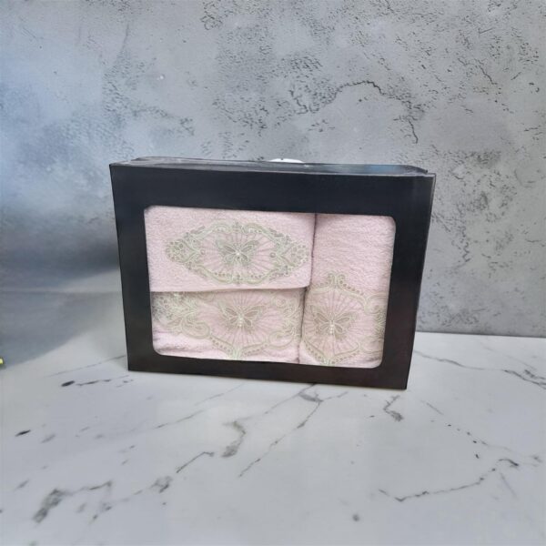 Σετ Πετσέτες 3 Τεμαχίων Ροζ με Κεντητό Σχέδιο Πεταλούδα – Ασημάκης Home