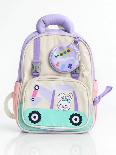 🎒 Σχολική Τσάντα Κορίτσι με Μωβ Κουνελάκι & Παστέλ Λεωφορείο + ΔΩΡΟ Πορτοφολάκι