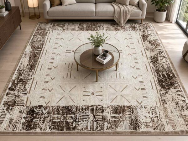 Χαλί Vintage Boho με Ethnic Γεωμετρικά Μοτίβα σε Εκρού & Καφέ